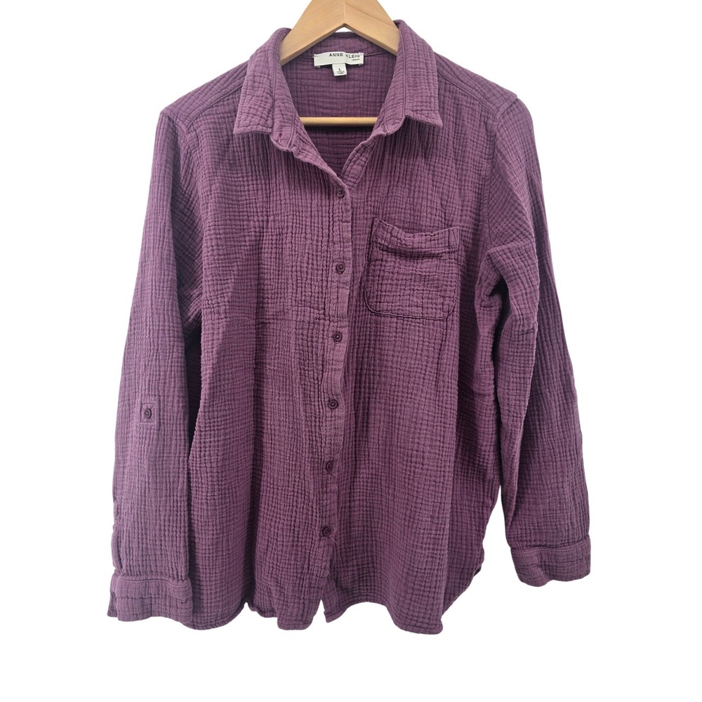 Anne Klein Jeans Button Front Shirt Womens Large Purple Double Gauze Cotton Top